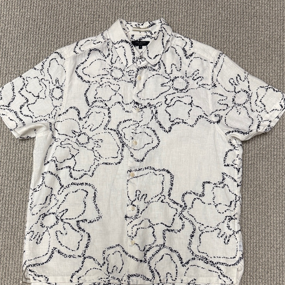 Ted Baker Arnica Magnolia Print Linen Short Sleeve Shirt, Size 4